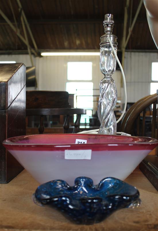 Glass table lamp, studio pink glass dish & another blue lustre glass bowl